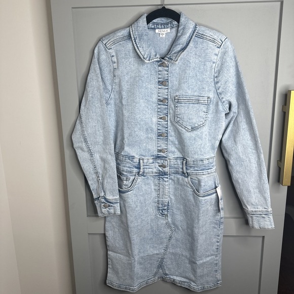 Venus Women's Grey Wash Denim Button DownLong Sleeve Mini Dress Size 6 - Picture 1 of 11